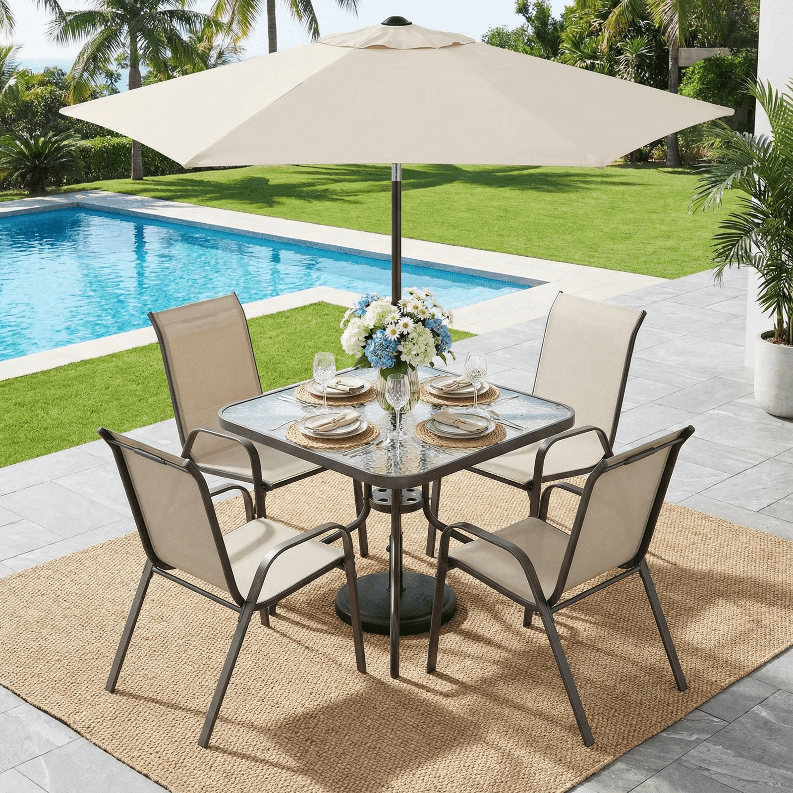 TLSUNNY Patio Furniture Set on Sale, Outdoor Dining Set of 5, Square Glass Table with Umbrella Hole and 4 Stackable Textilene Chairs, for Patio, Backyard, Porch, Lawn