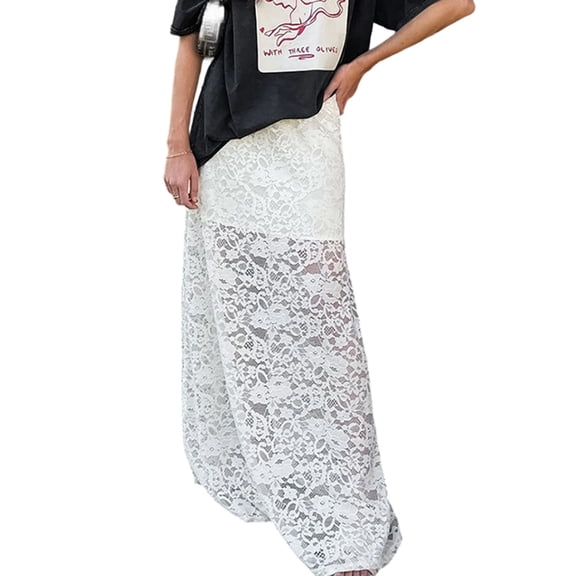 Women'S Lace Hollow Out Sheer Midi Skirt High Waist Jacquard A Line Pencil Skirt Elegant Chic