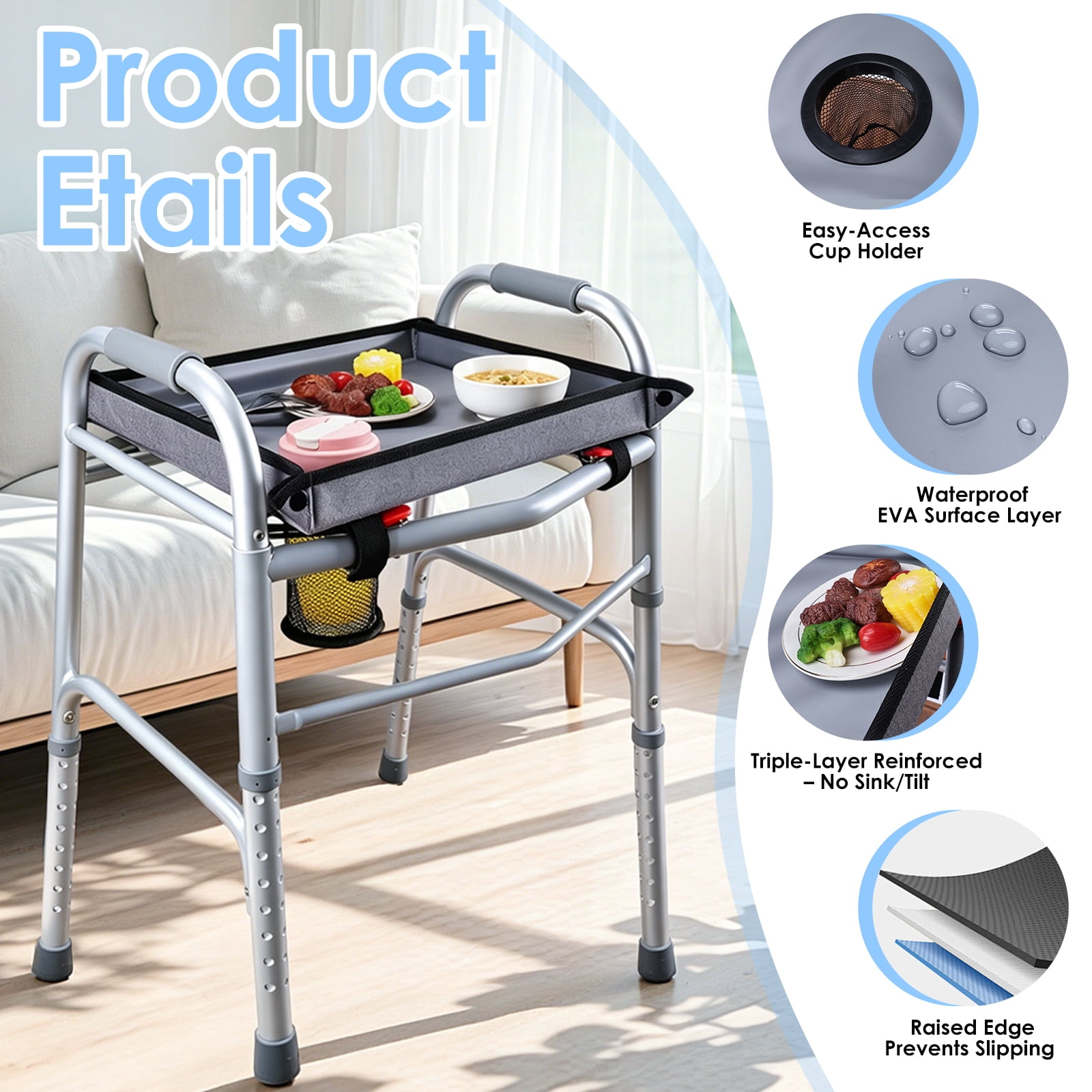Walker Tray for Folding Walker - Trays for Walkers for Seniors with Cup Holders & Non-Slip & Multiple Front Pockets, Walkers Accessories Basket and Bag Tray for Elderly, Easy Assembly