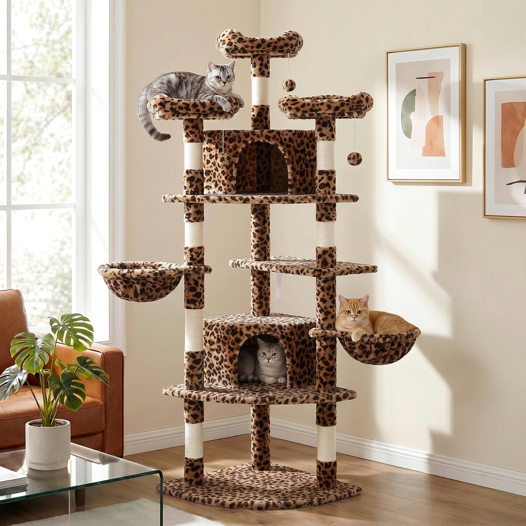 Merrland 73" Large Cat Tree Tower for Indoor Cats, Fan-Shaped Base Multi-Level Cat Condo with Top Perches, Cat Baskets & Sisal Scratching Posts, Leopard Print
