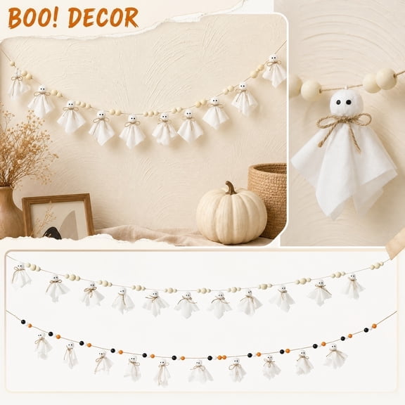 7Ft Halloween Ghost Garland Decorations, White Ghost Party Banner with Wood Beads, Cute Ghosts Halloween Garland Halloween Banner Decorations for Home Wall Mantel Doorways Front Decor