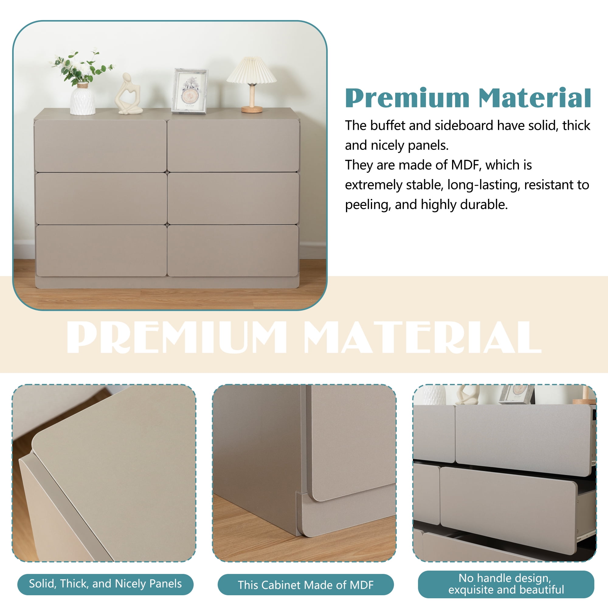 Demi Bonn 6 Drawer Double Dresser, Modern 6 Chest of Drawers with Deep Drawers, Wide Storage Organizer Cabinet for Living Room, Light Gray