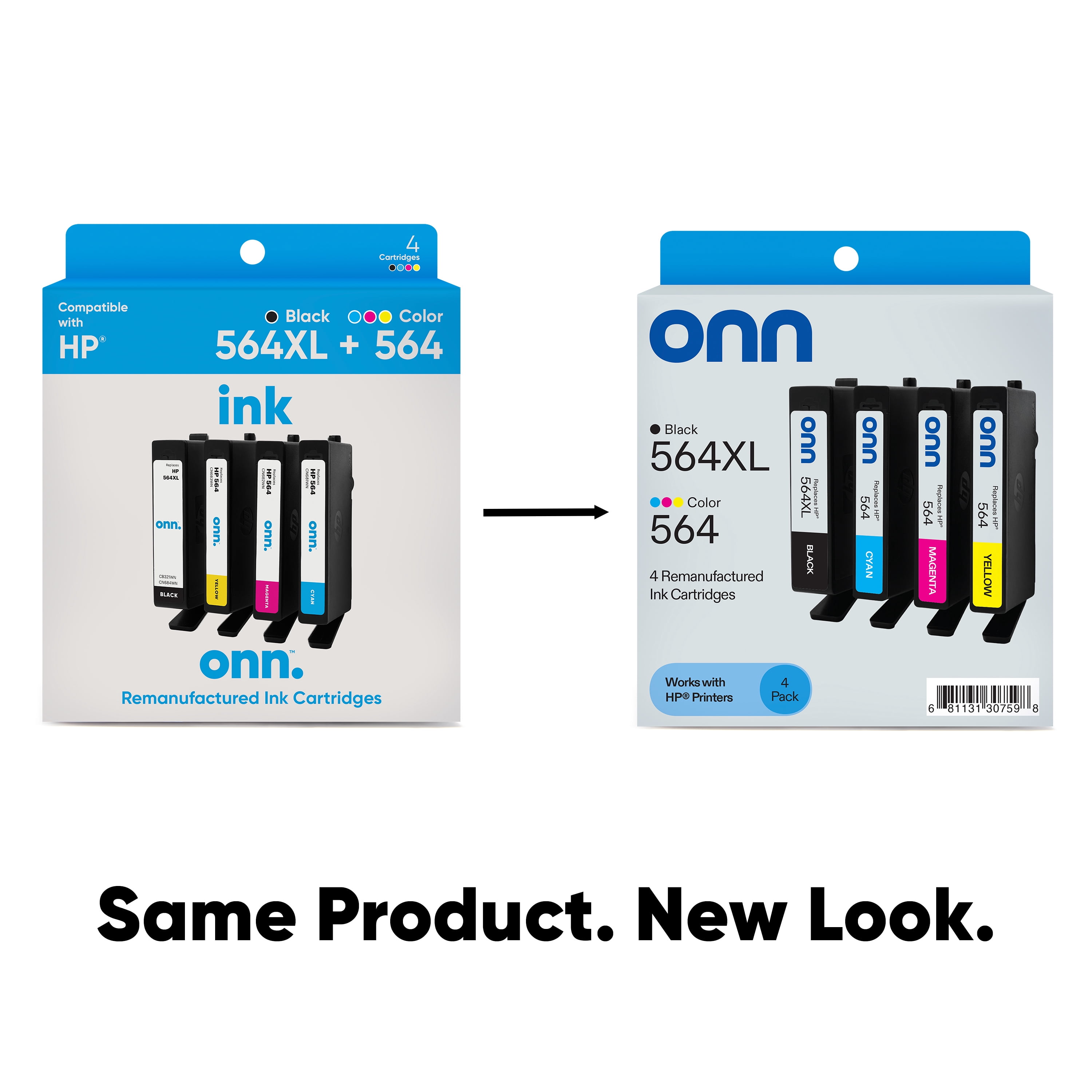 (4 pack) onn HP 564XL + 564 Black and Tri-Color, 4 Pack Ink Cartridge (Remanufactured)