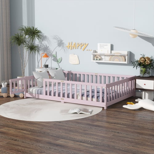 Bellemave Full Size Floor Bed with Door and Fence Floor Bed with Bed Slats Sturdy Wood Floor Bed Montessori Bed Frame (Full, Pink)