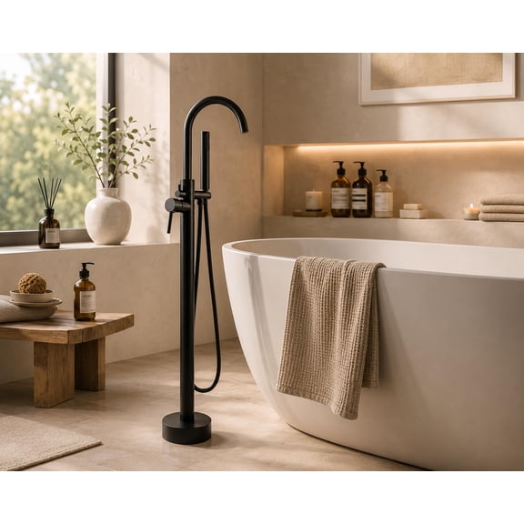 Nygira Freestanding Bathtub Faucet with Handheld Shower, Floor Mount Tub Filler, Bathroom High Flow Solid Brass Construction, Matte Black