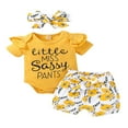 thumbnail image 1 of Ensemble de Tenues pour Bébé Fille Jumeaux, Barboteuse à Manches Courtes à Volants + Shorts + Bandeau, 1 of 5