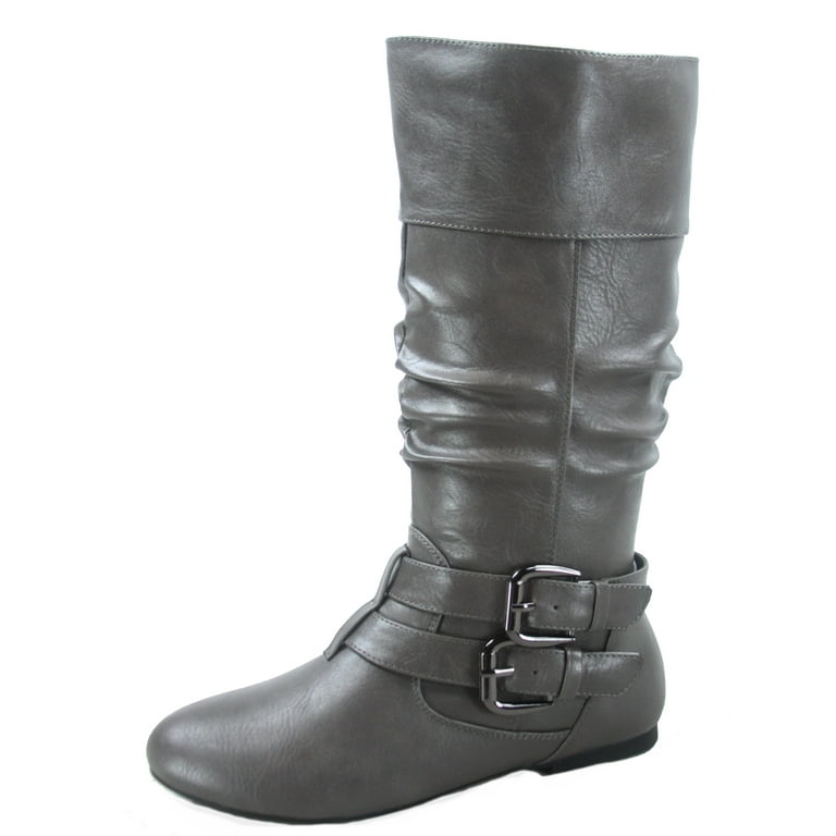 Sonny-54 Women's Caual Side Zip Buckles Slouch Flat Heel Mid Calf Round Toe  Boots ( Gray, 8)