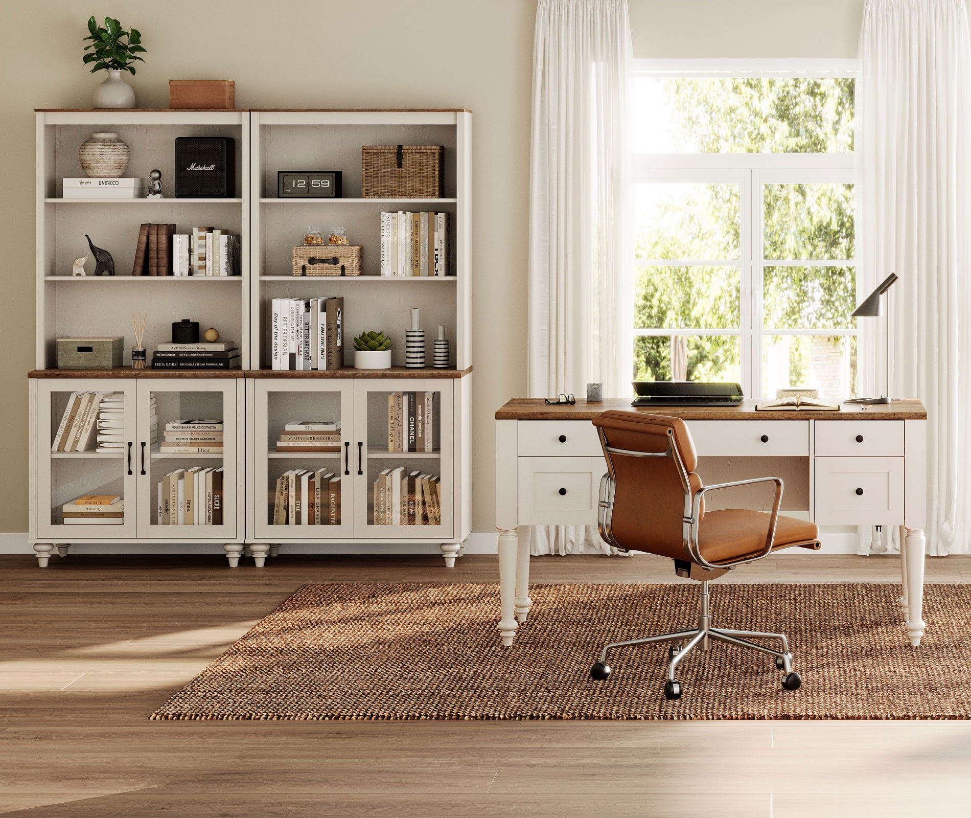 White Home Office Furniture Set, 56" Executive Desk with Charging Station, 72" Tall Bookcase with 4 Glass Doors, Wood Computer Desk with File Cabinet Storage, Open Shelf