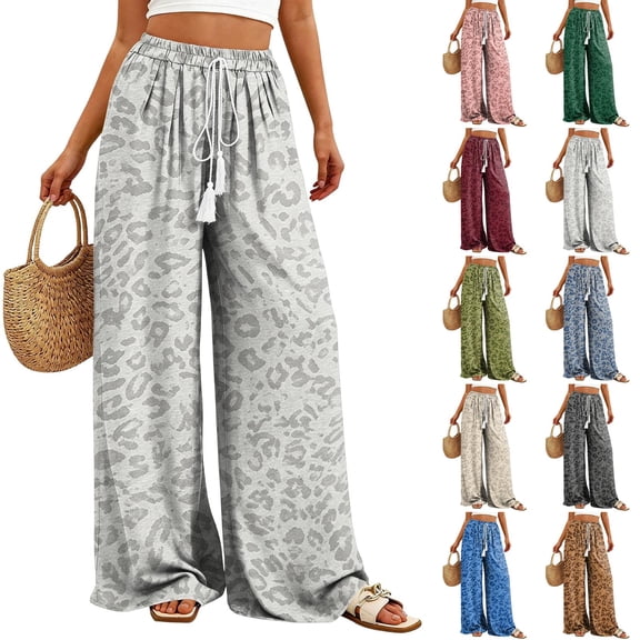 Stralyhd Womens Pants Leopard Print Wide Leg Drawstring Elastic Waist Flowy Palazzo Pants Lightweight Loose Summer Vacation Travel Outfits Gray L
