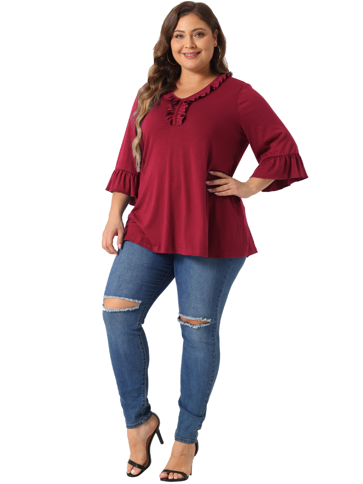 DARING DIVA Women's Plus Ruffle V Neck Tunic Dressy Top 2X Burgundy