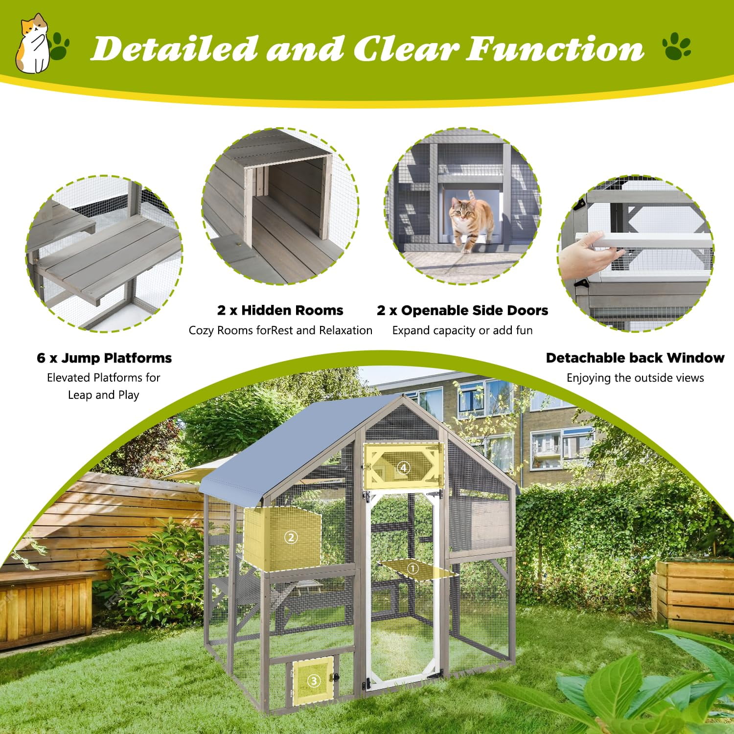 Large Outdoor Catio Cat Enclosure, Walk-in Wooden Cat House with Waterproof Cover, Multi-Level Play Platforms & Sleeping Houses, Grey
