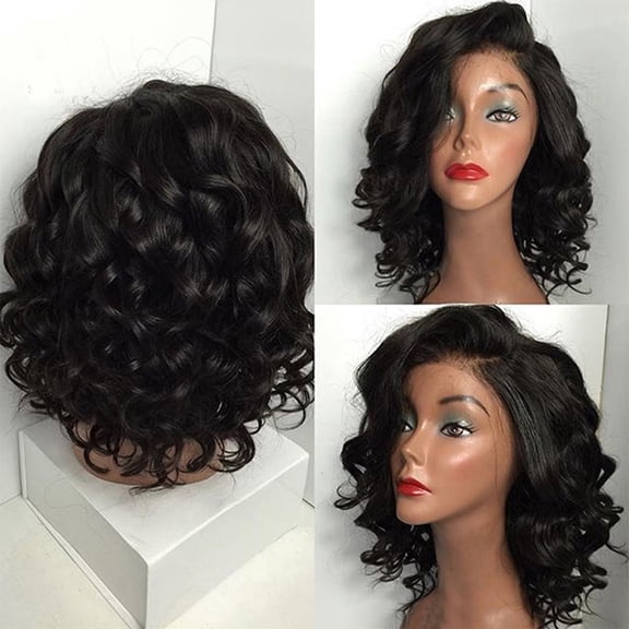 Women Black Brazilian Short Curly Wig, High Temperature Fiber, Breathable Cap, Adjustable Straps, 21"-24" Head Size, 8.5oz, Daily & Party