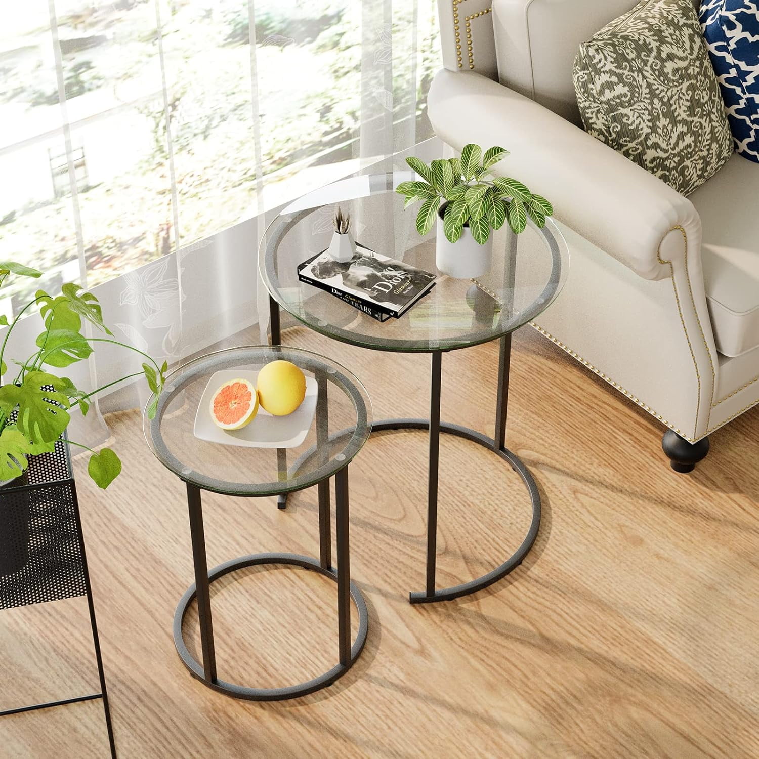 Nesting Coffee Table Set of 2,Modern Black Tempered Glass Side Table, Metal Frame Round End Table.Small Glass Tea Table for Living Room,Bedroom Studio Apartment Essentials,23.2In