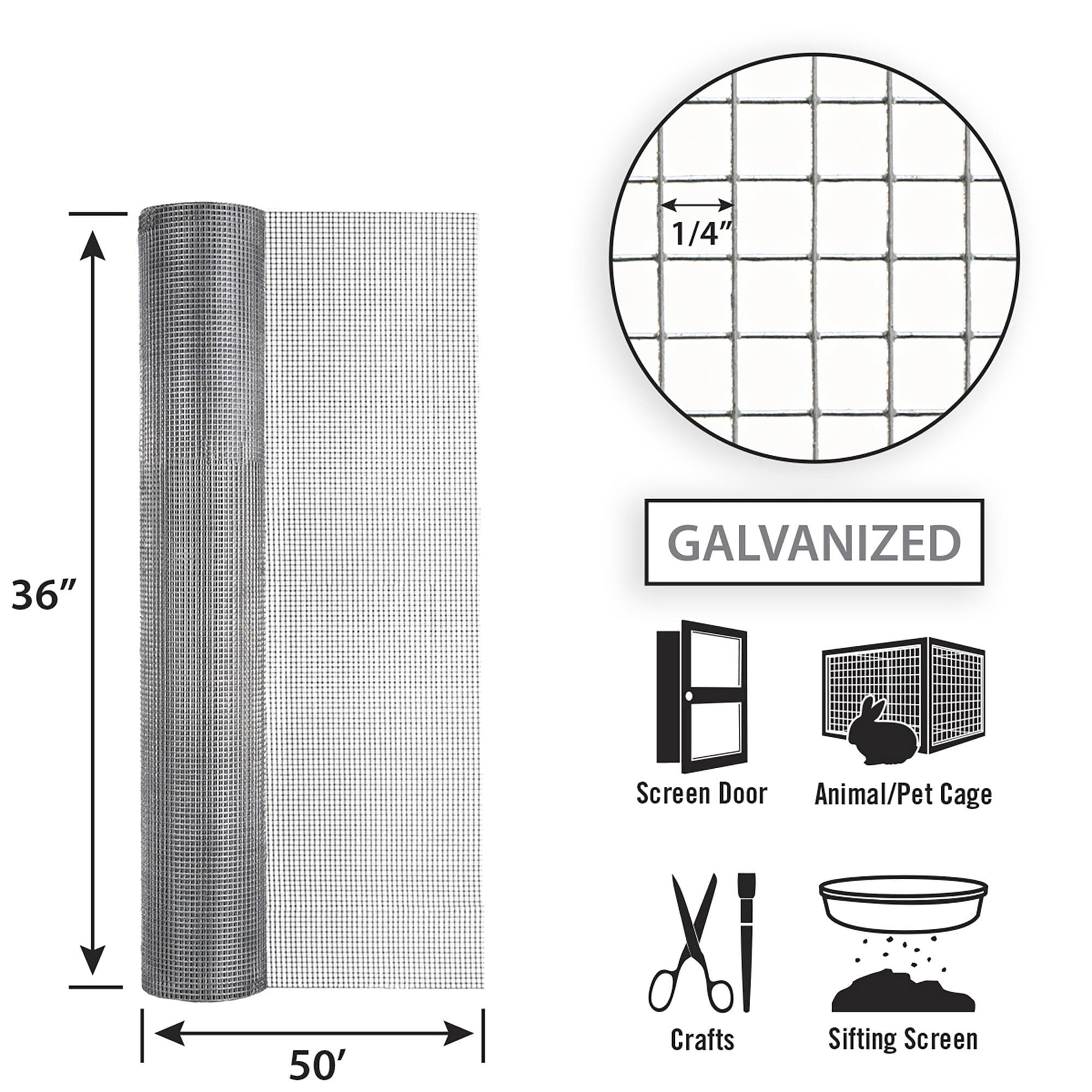 36in H x 50ft L Galvanized Hardware Cloth with 1/4in Openings