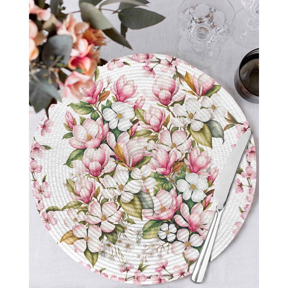 15 Inch Round Placemats Set of 6, Spring Floral Non Slip Heat Insulation PP Table Mats, Retro Pink Orchid Flowers Leaves Botanical Washable Place Mats for Kitchen Dining Party Table Decor