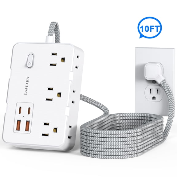 10 FT Long Extension Cord Power Strip outlet extender with 2 USB C & 2 USB A Ports 1050J Protection Flat Plug heavy duty high wattage for indoor Home Office Dorm Room Essentials, White