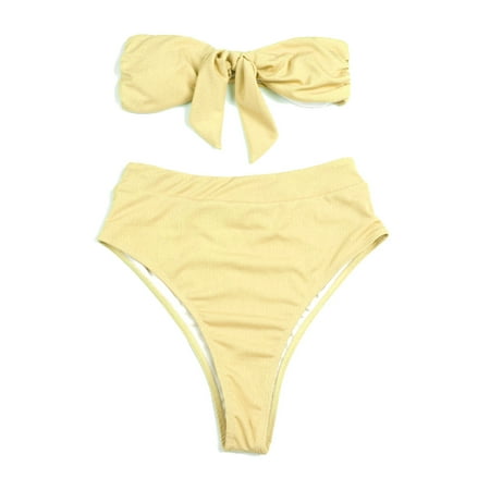 Women s Swimsuit Strapless Bandeau High Waisted Thong Bikini Set Bathing Suit - Yellow