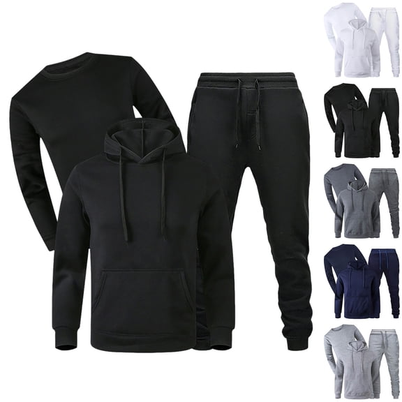 RJMDKXZ Mens 3 Piece Fleece Sweatsuits Long Sleeve Tracksuit Drawstring Pullover Hoodie & Crew Neck Sweatshirt & Jogging Sweatpants Sets with Pockets