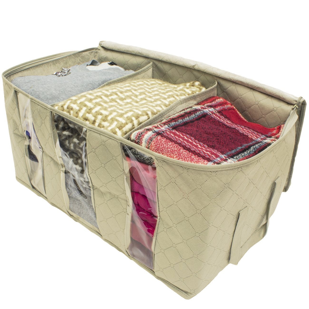 Sorbus 3-Section Foldable Storage Bag Organizers – Clothes, Blankets, Closet & Bedroom Storage, Beige