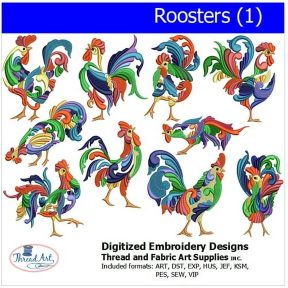 Roosters (1) Embroidery Designs - All Popular Formats Included - Loaded on USB Stick