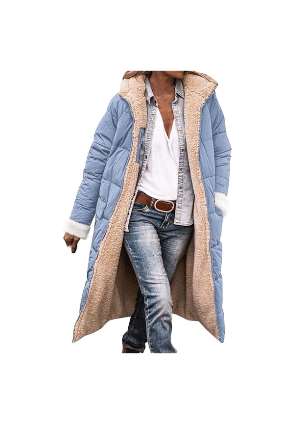 Women's Mid-Length Solid Color Winter Coat, Warm Hooded Long Sleeve Jacket with Soft Insulation, Knee-Length Casual Outerwear for Cold Weather, Classic Hood Daily Wear Parka Dark Blue L