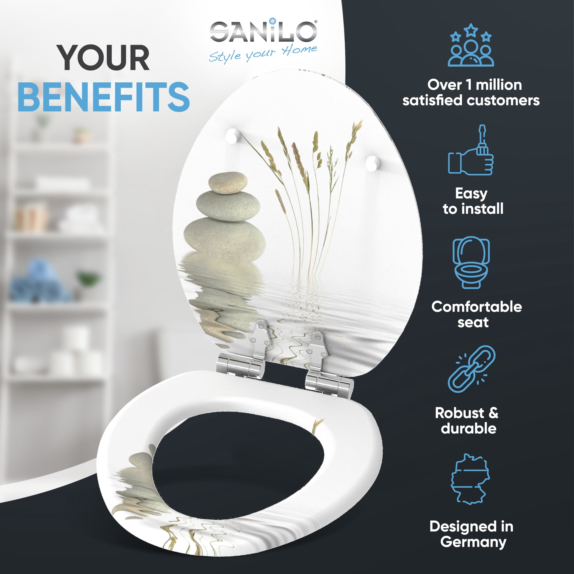 Sanilo Soft Close Toilet Seat ELONGATED, Quiet and Slow Close Lid and Seat, Strong Bumpers and Hinges, Balance