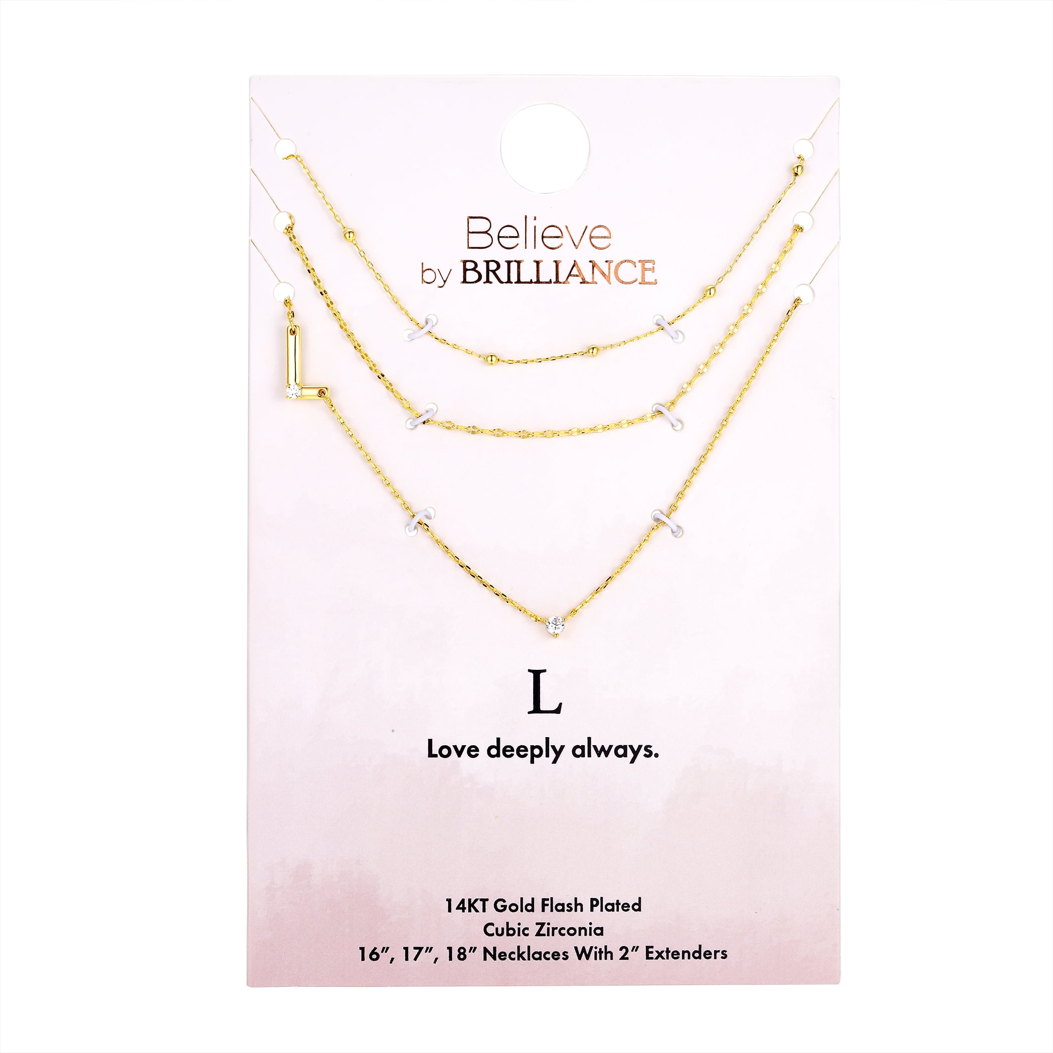 Believe by Brilliance L Triple Chain Initial Necklace Set in 14KT Gold Flash Plated Brass
