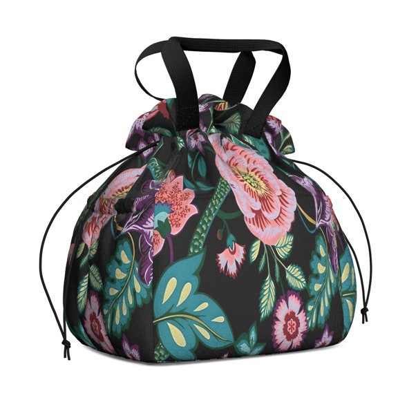 Pioneer Flower Floral Print Pattern Drawstring Lunch Bag Women - Drawstring Lunch Bag Insulated for Work Office - Stain-Resistant Large Lunchbags for Women with Multi-Pockets