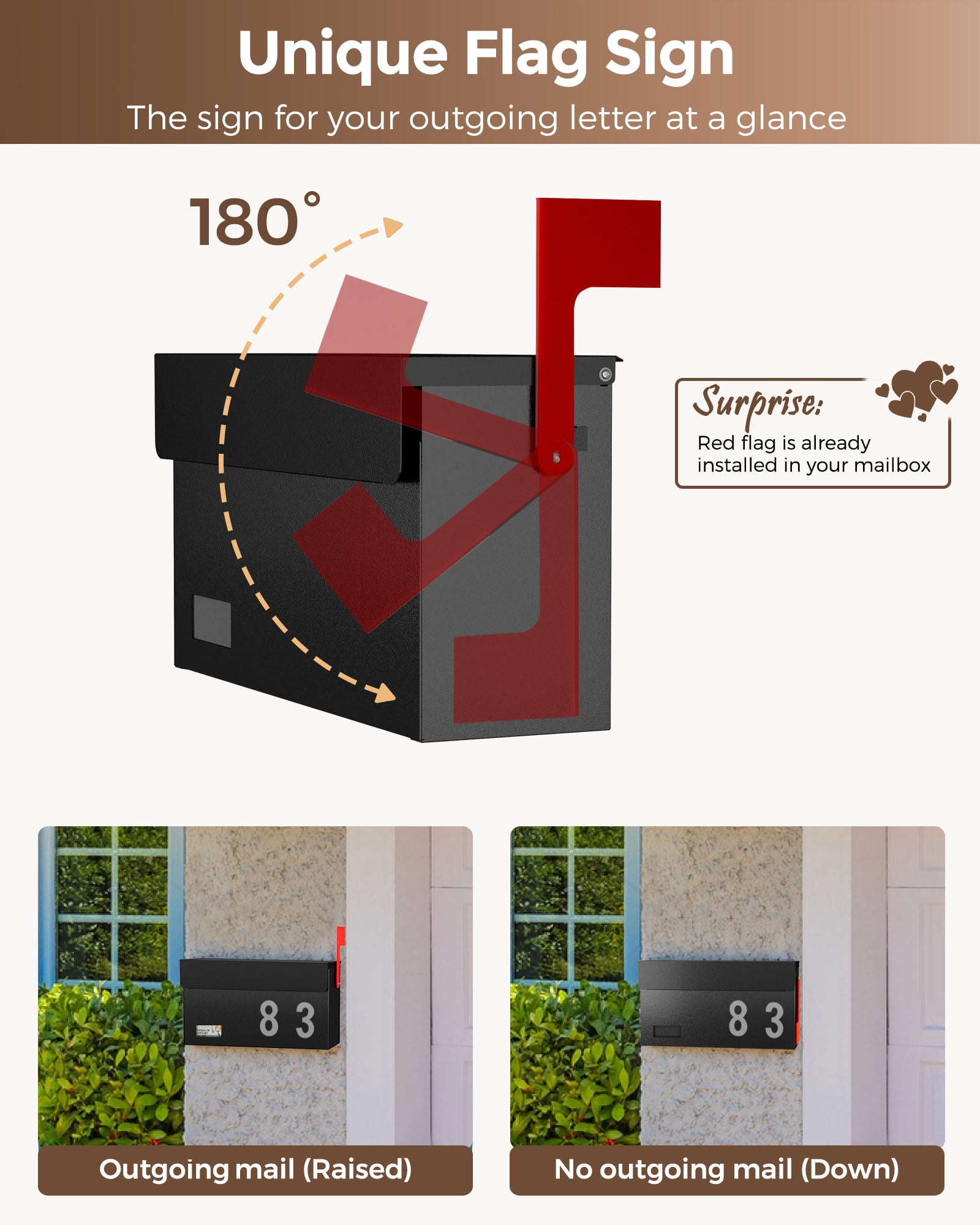 Modern Mailboxes for Outside, Metal Wall Mount Mailbox, with One Flag Kit and Three Sets of Mailbox Number Stickers, 3.9"D×13"W×7.1"H, Rust Resistant Coating Mail Boxes for House, Black AMB06B