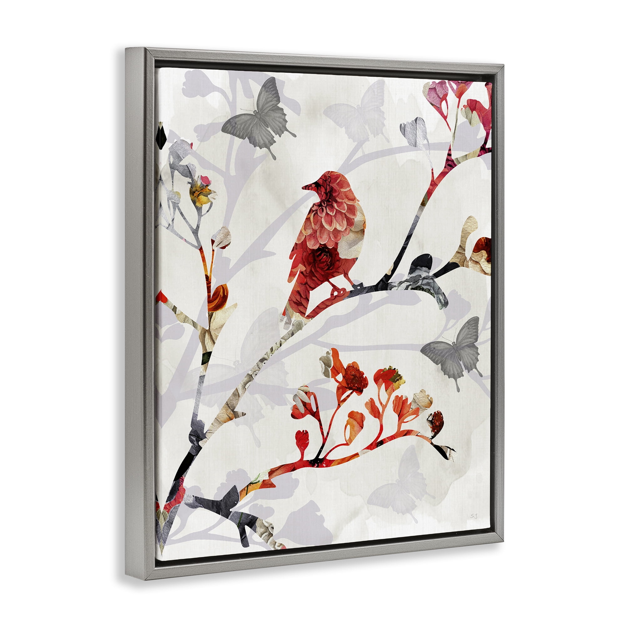 Stupell Industries Patterned Birds on Branches Landscape & Nature Painting Gray Floater Framed Canvas Art Print Wall Art, 17 x 21
