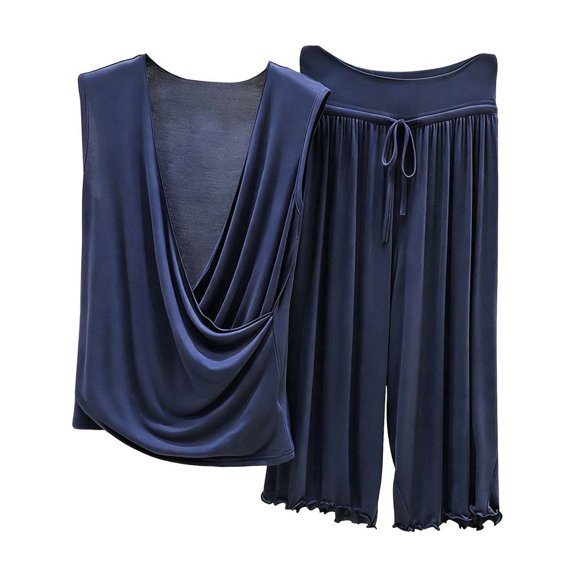 TEAJOPSUU Women's Soft Pajama Set Lightweight Cozy Cotton Blend Pajamas Draped Cowl Neck Sleeveless Top & Drawstring Ruffle Hem Capri Pants Summer Comfy 2 Piece Loungewear Sleepwear A-Blue