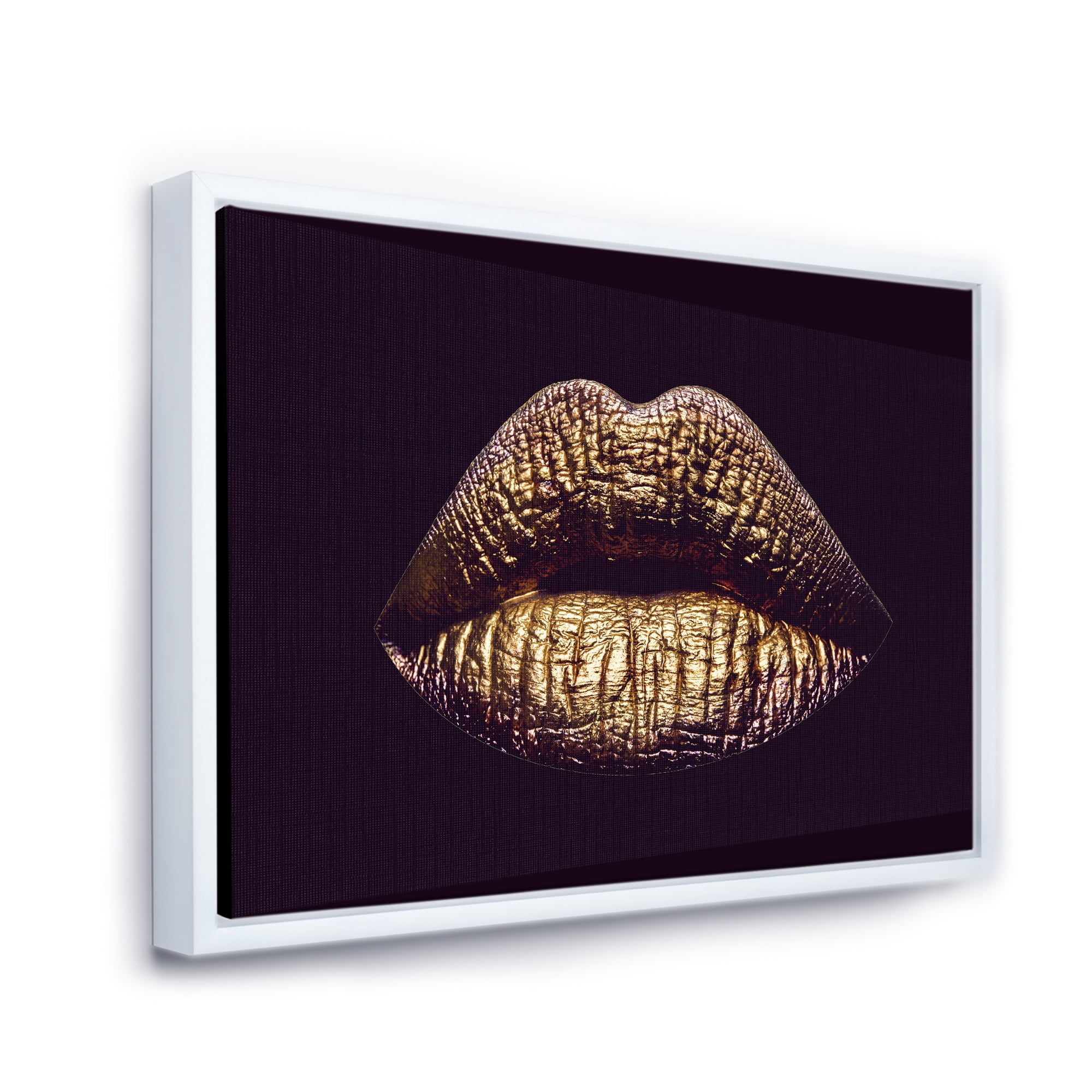 Sexy Golden Metallized Woman Lips II 40 in x 30 in Framed Photography Canvas Art Print, by Designart