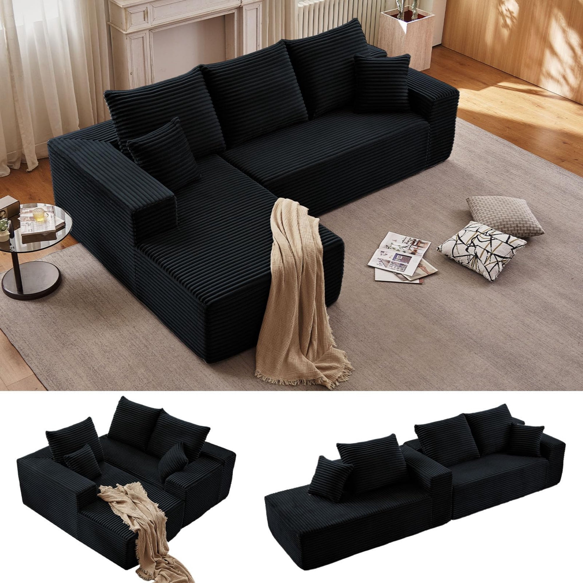 Aukfa 107" Cloud Modular Sectional Couch with Left-Facing Chaise, Corduroy Deep Seat Boneless Sofa for Living Room, Apartment, Black