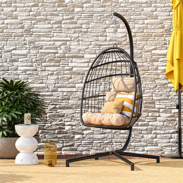 CorLiving Fauteuil Oeuf Suspendu en Résine Osier et Acier avec Coussins, Noir/beige