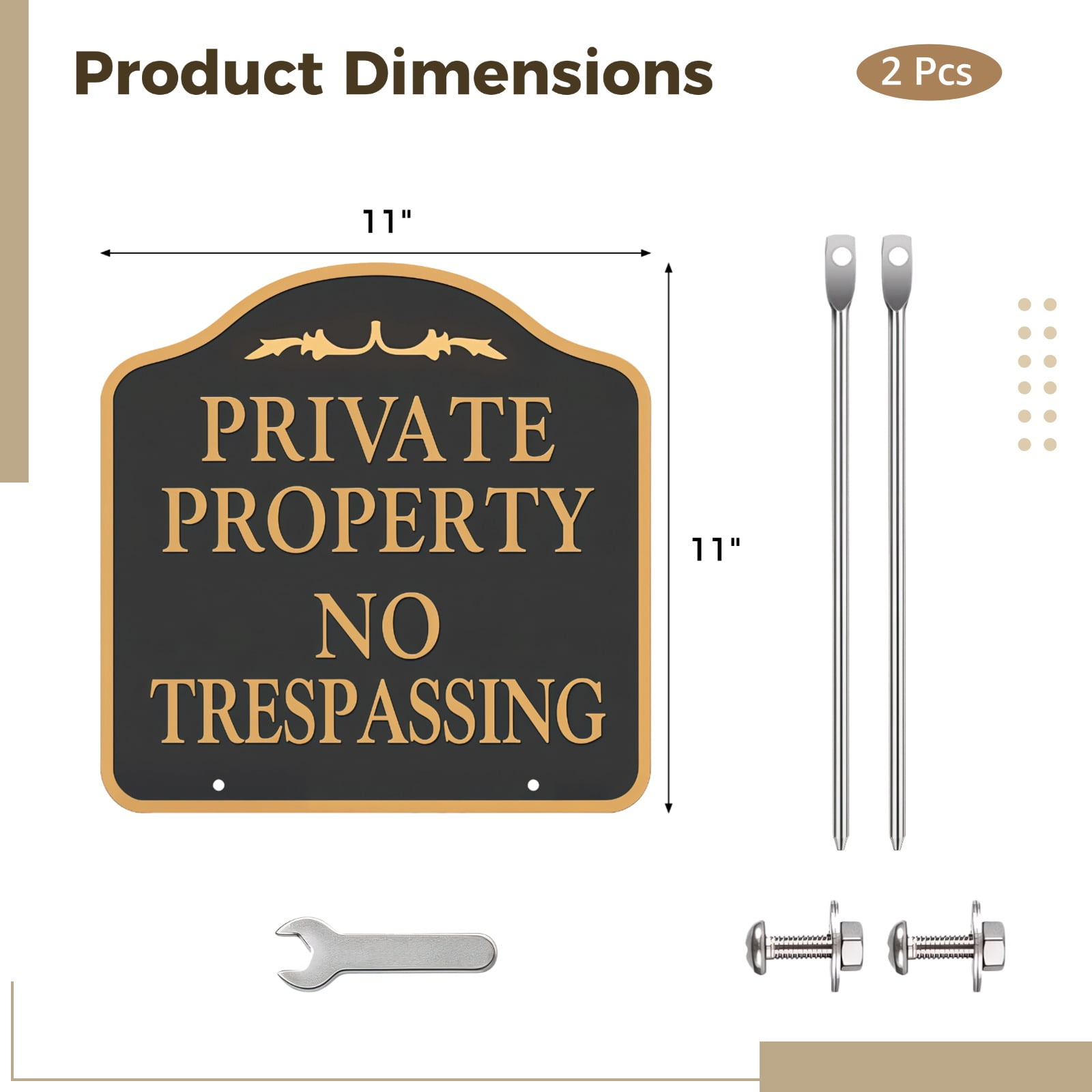 Private Property No Trespassing Sign 2 Pack, 11 x 11 in Metal Signs with Poles and Mounting Kit, Long-Lasting Aluminum with Black Background and Gold Lettering, Weatherproof No Trespassing Yard Signs