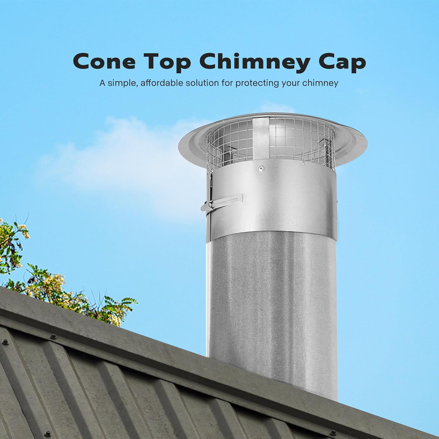 SPECSTAR 8" Cone Top Chimney Cap with Screen, Round Roof Rain Chimney Cover, Stainless Steel Fireplace Exhaust Cap, Adjustable Roof Cap for Vent
