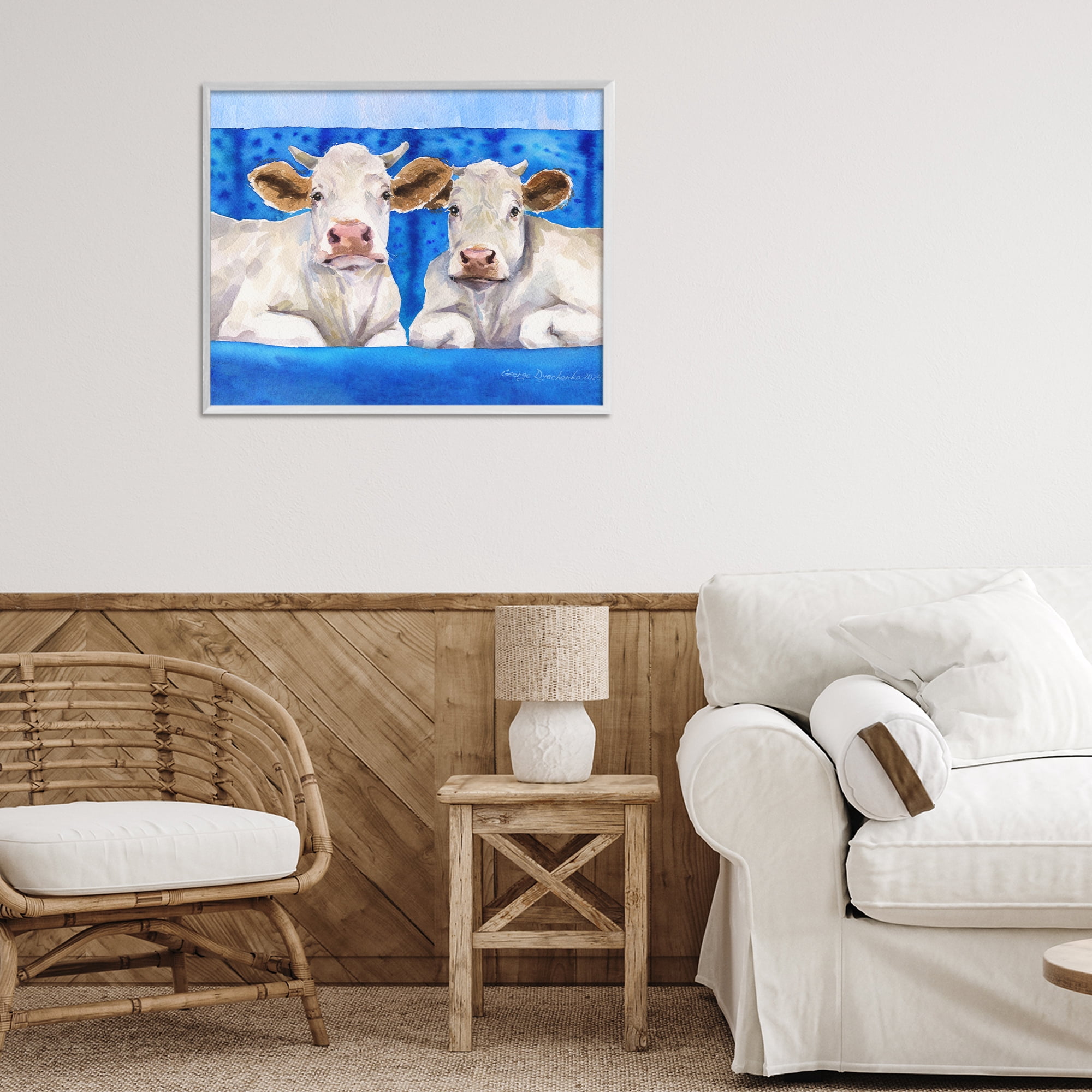 Stupell Industries White Cows on Blue Sofa White Framed Giclee Art, design by George Dyachenko