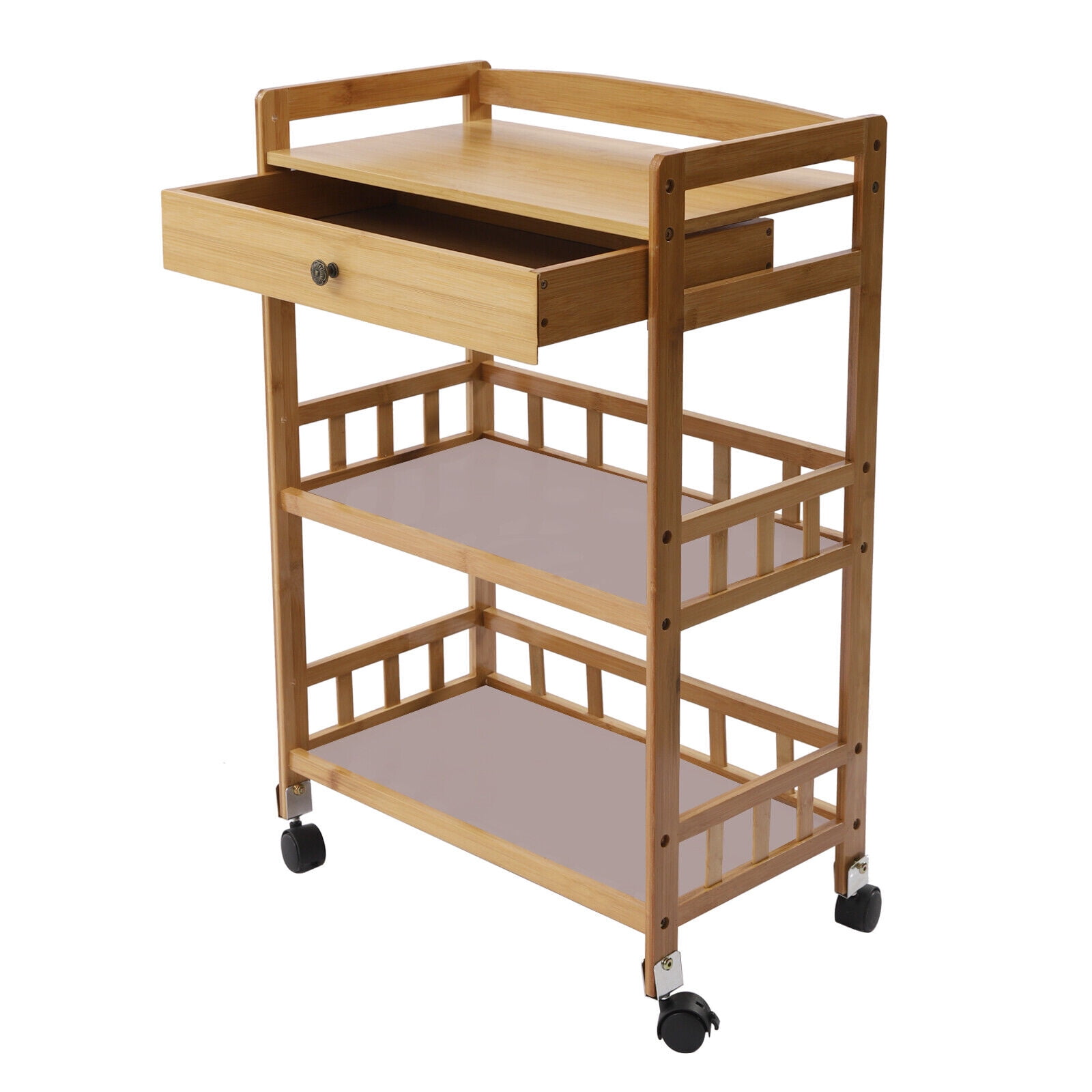 3 Tier Bamboo Kitchen Serving Cart, Rolling Kitchen Island Cart with Storage Drawer, Universal Lockable Casters, Anti-Slip Nets, Food Prepping Cart for Home Dining Room Hotel