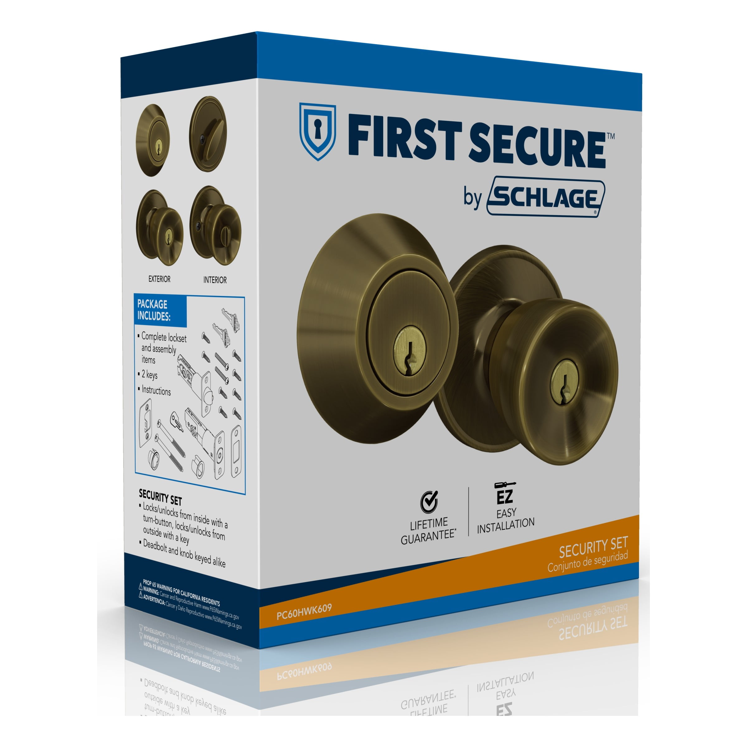 First Secure by Schlage Deadbolt and Keyed Entry Hawkins Knob in Antique Brass