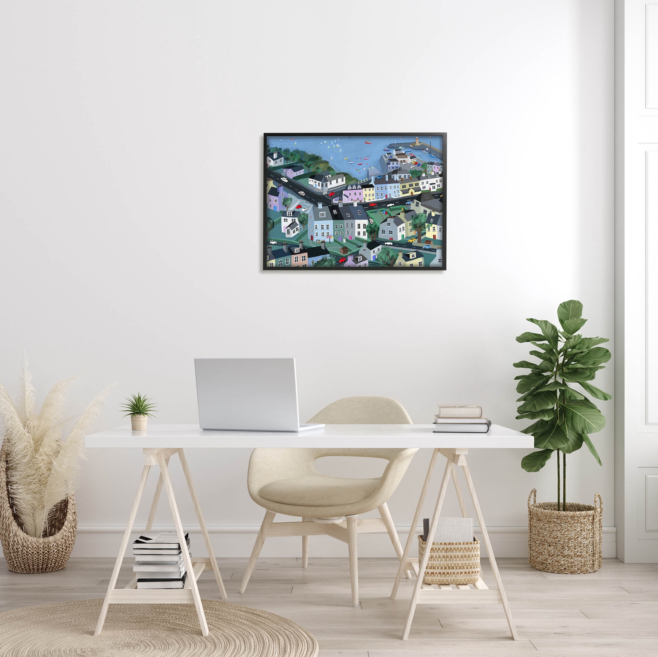 Stupell Industries Port Town Neighborhood Houses Graphic Art Black Framed Art Print Wall Art, Design by Carla Daly