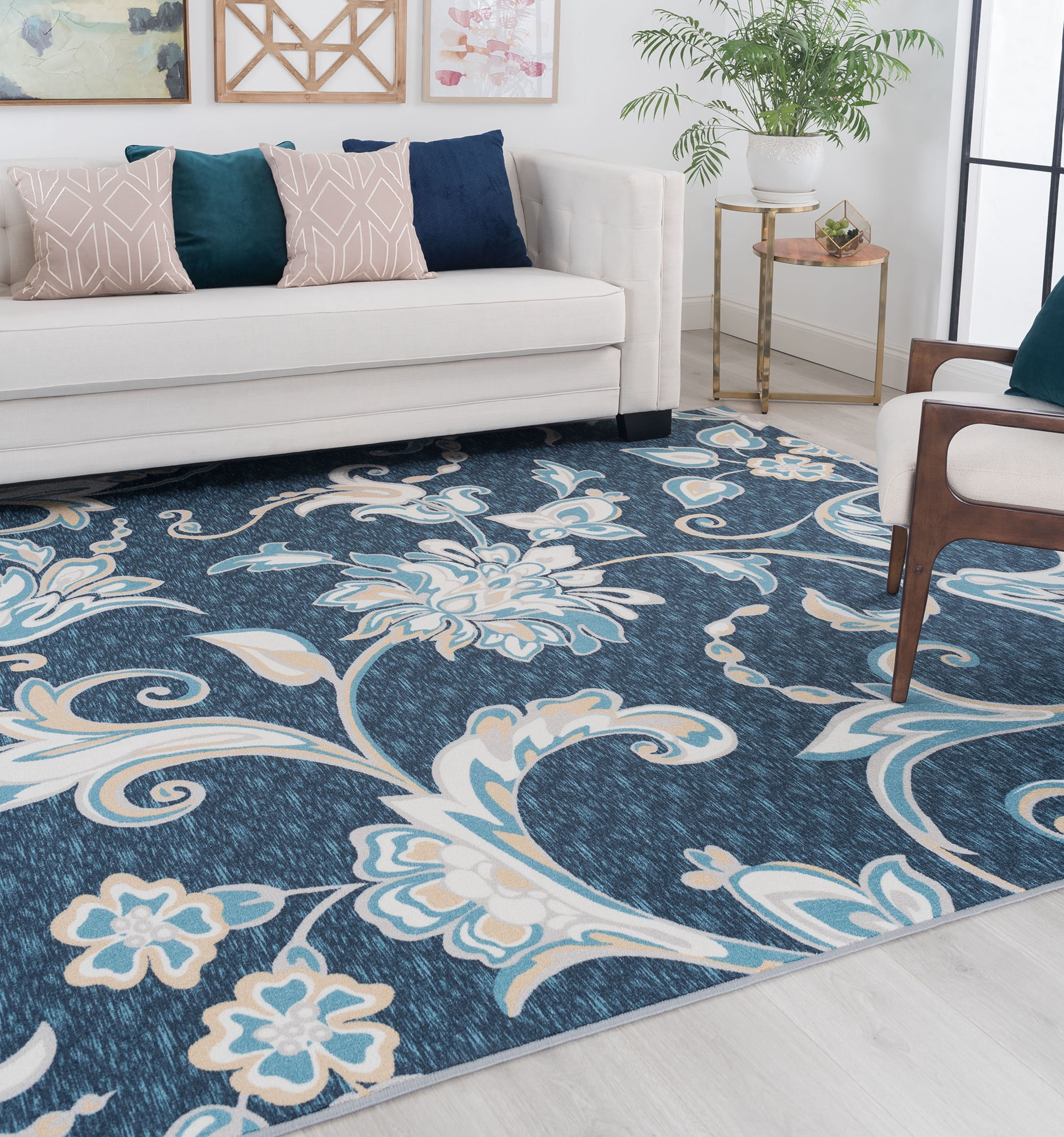 Transitional 7x10 Area Rug (6'7'' x 9'6'') Floral Navy, Aqua Living Room Easy to Clean