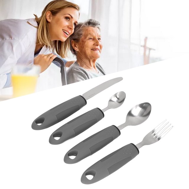 Adaptive Eating Utensils Set, Adaptive Utensils Stainless Steel Polished 4Pcs Weighted Knife Fork Spoon with Non Slip Rubber Handle for Arthritis