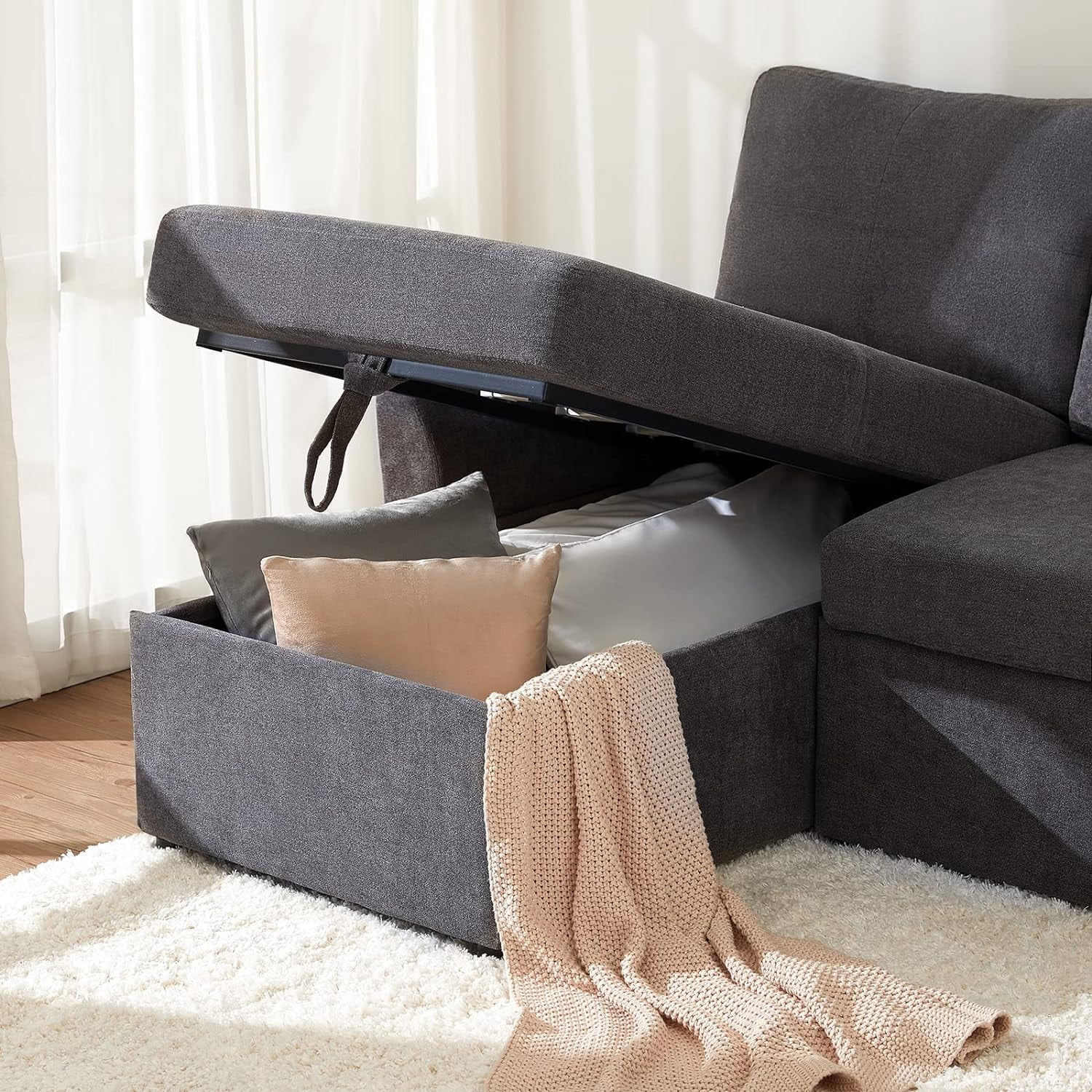 VANACC Sleeper Sofa Bed 2 in 1 Pull Out with Storage Chaise for Living Room, , Grey Chenille Couch