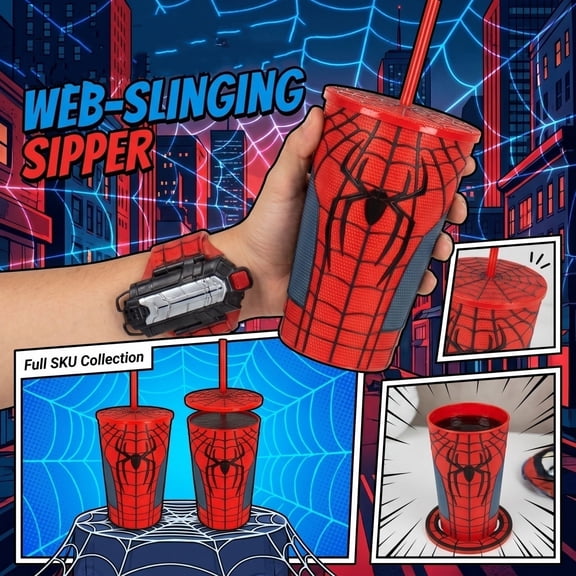 Moonsky Reusable Plastic Cold Drink Cup – Comic Spider Hero Web Pattern with Straw & Lid, Daily Home Beverage Use