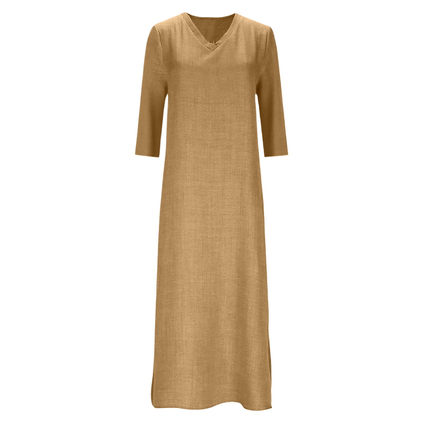 LIIPEE Women Dresses Solid Color Loose 3/4 Sleeve V Neck A-Line Midi Sundress Woman Elegant Indoor Outdoor Wear Dress,Khaki,L