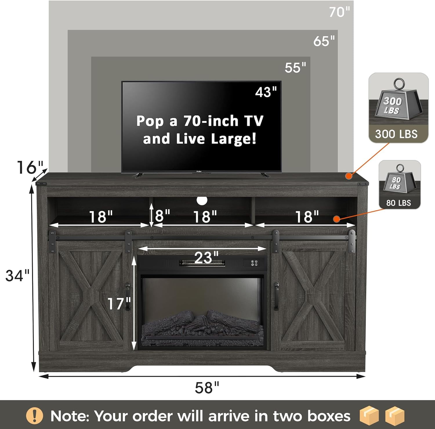 CozyHome Electric Fireplace TV Stand for 65"+ TV, Farmhouse Entertainment Center with 23" Electric Fireplace with Remote, Modern Rustic TV Console with Sliding Bar Door for Living Room, Gray