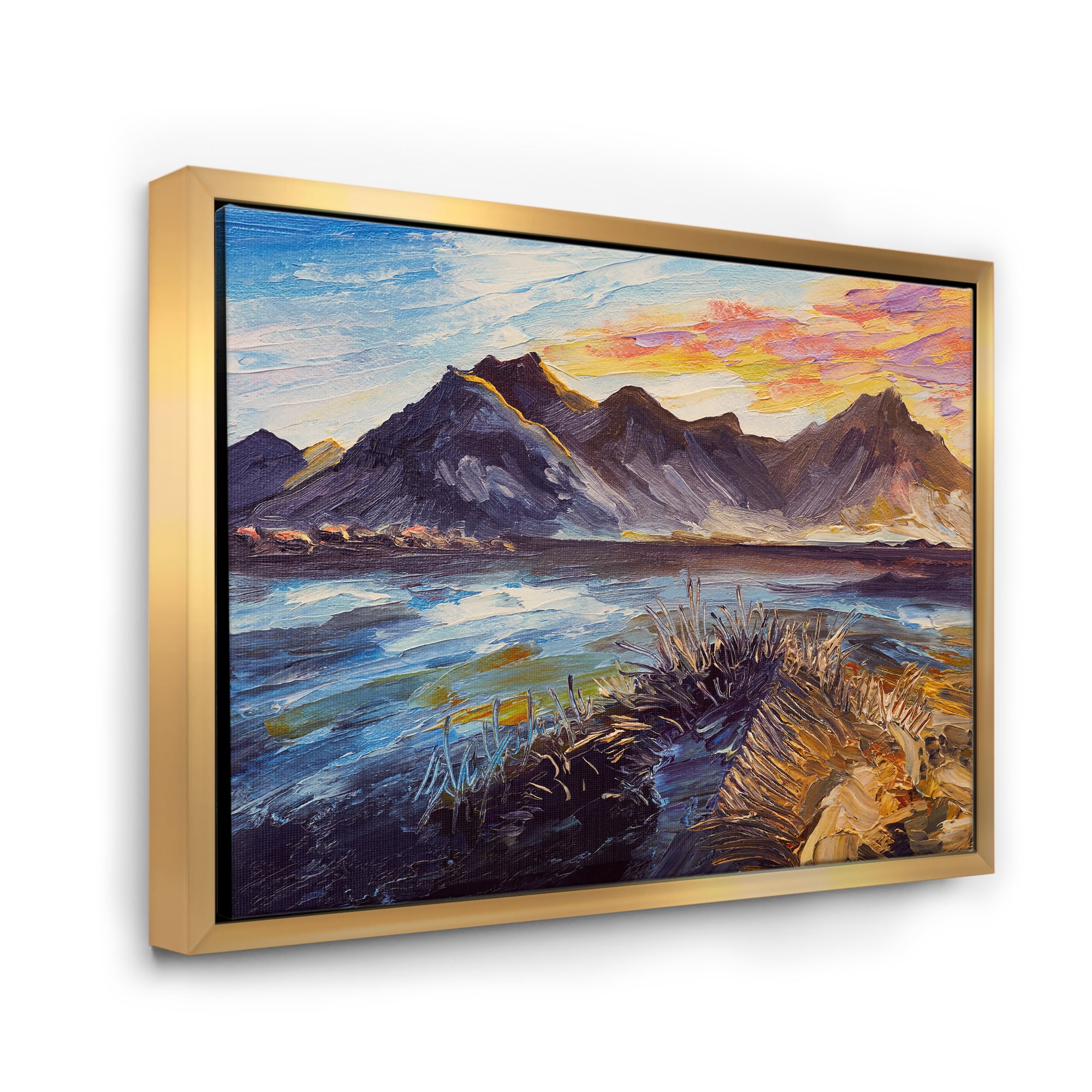 Designart 'Impression Pink Sunset Over The Mountains By The Sea' Nautical & Coastal Framed Canvas Wall Art Print