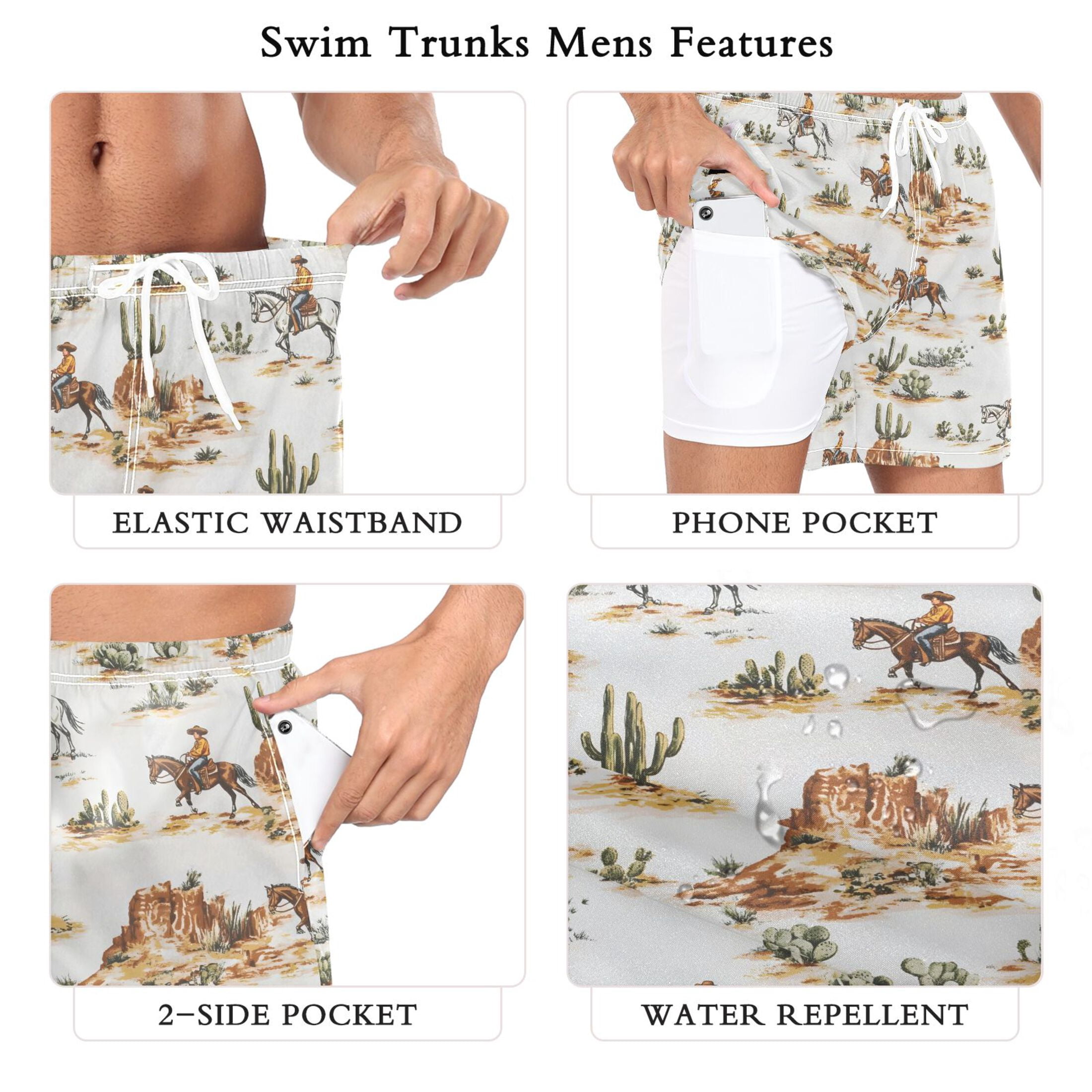 joogoo Men's Western Cowboy Horses Swim Trunks with Liner Pocket Beach Shorts M
