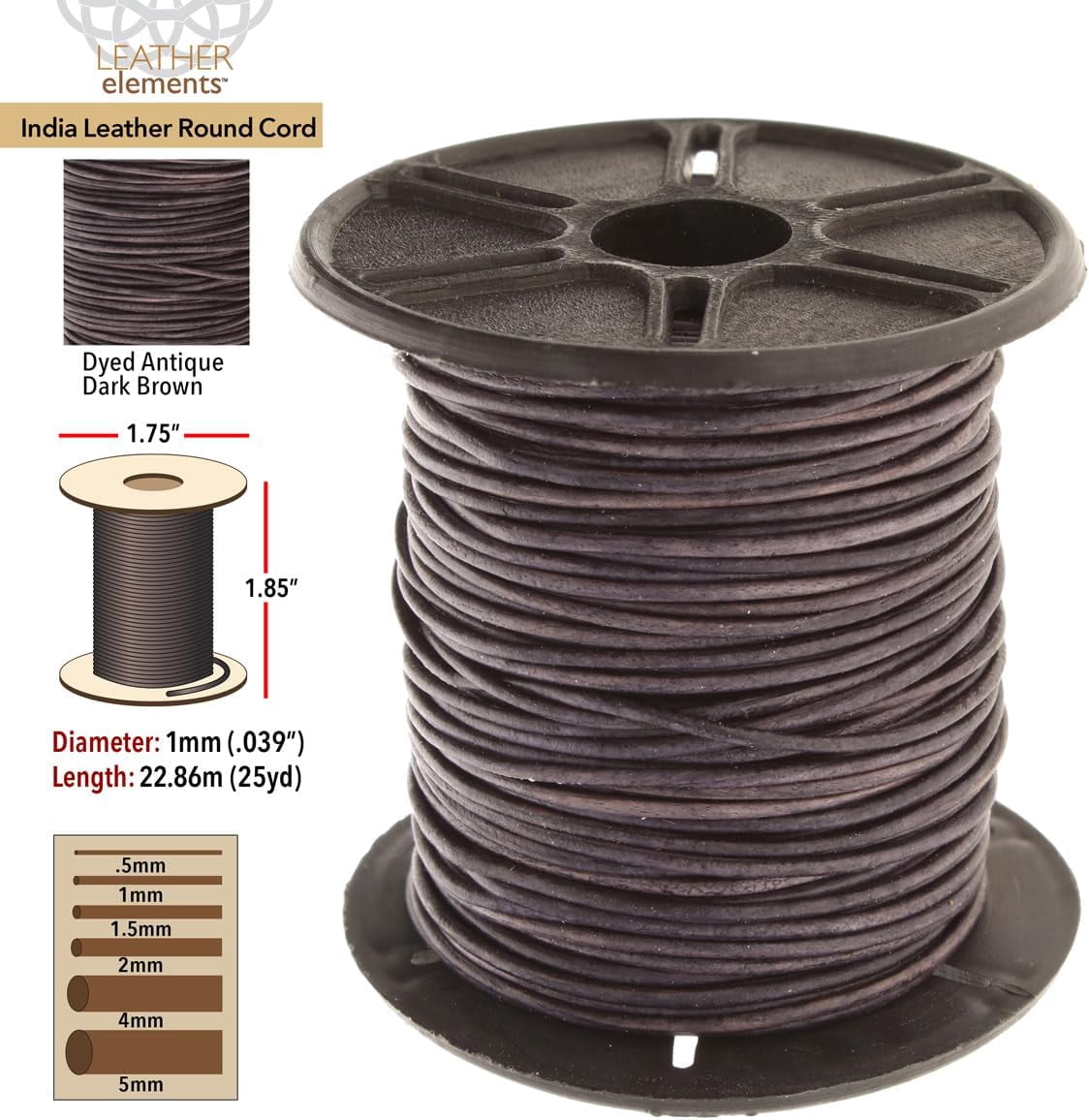 The Beadsmith Leather Cord – Dyed Antique Dark Brown – 1mm Spool – 25 Yards/22.86 Meters – Indian Leather Thong Ideal for Braiding, Beading, Necklaces, Fine Lacing, Hair Accessories