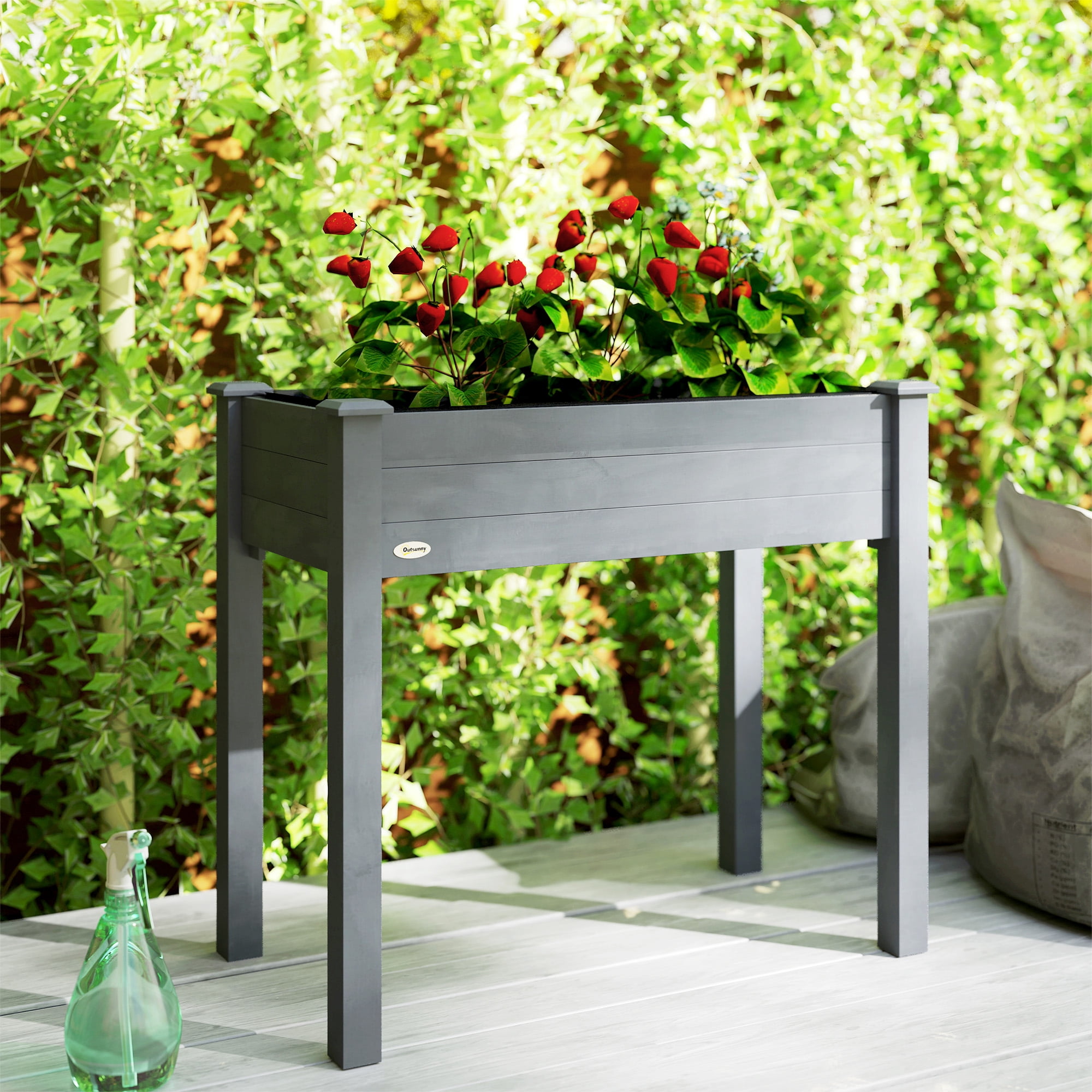 Outsunny 34" Raised Garden Bed, Elevated Wooden Planter Box w/ Draining Holes for Vegetables, Herb and Flowers Backyard, Patio, Balcony Use, Dark Gray